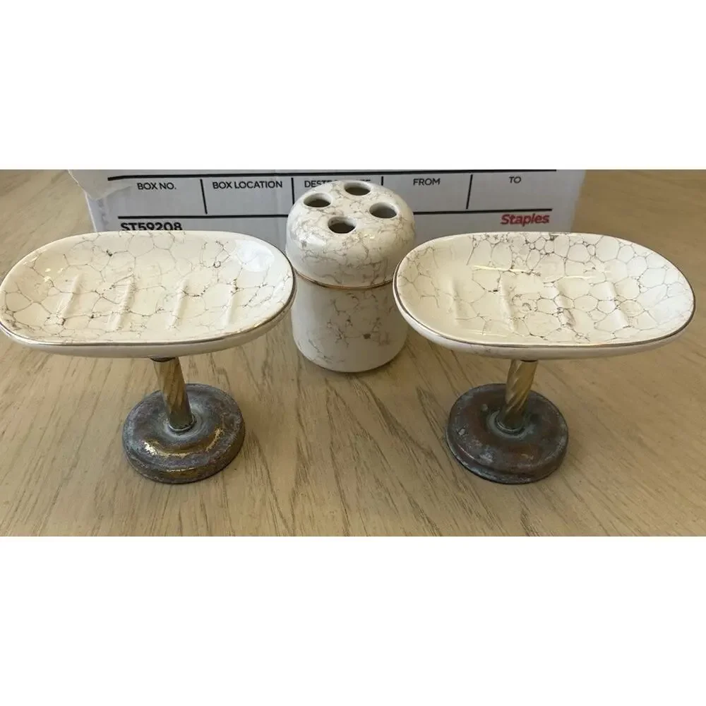 Vtg Brass Pedestal Soap Dish & Holder Porcelain Marbled Regency Decor Set 3